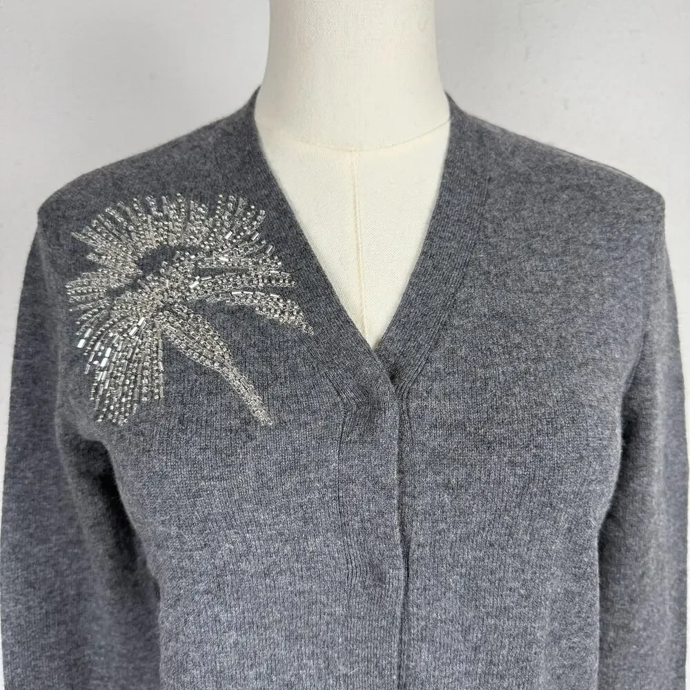 Tory Burch Merino Wool Cardigan Beaded Palm Tree Gray Sweater - XS